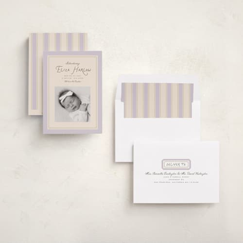 This is a grape birth announcements with standard by Everett Paper Goods called dolce printing on recycled smooth signature in standard