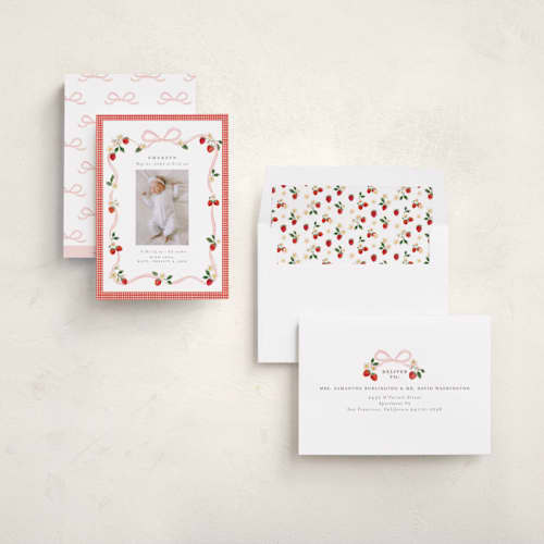 This is a cherry blossom birth announcements with standard by Itsy Belle Studio called fraises de bois printing on recycled smooth signature in standard