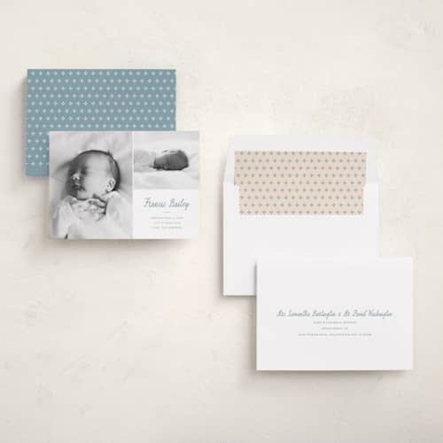 This is a pond birth announcements with standard by Carolyn MacLaren called vintage duo printing on recycled smooth signature in standard