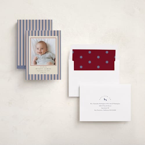 This is a lake birth announcements with standard by Robert and Stella called colorful stripes printing on recycled smooth signature in standard