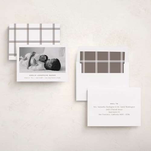 This is a fawn birth announcements with standard by Megan Davis called soho printing on recycled smooth signature in standard