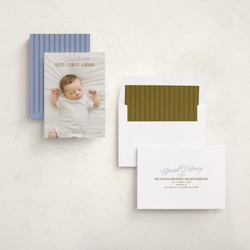 This is a periwinkle birth announcements with standard by Owl and Toad called introducing printing on recycled smooth signature in standard