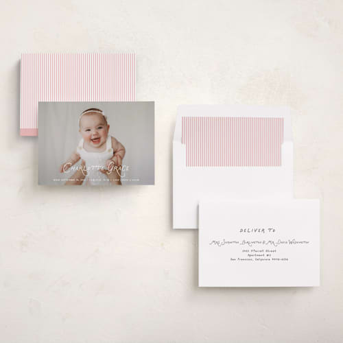 This is a marshmallow birth announcements with standard by Benita Crandall called handdrawn style printing on recycled smooth signature in standard