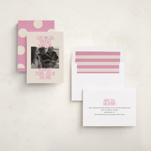 This is a bubblegum birth announcements with standard by Ekko Studio called type stack printing on recycled smooth signature in standard