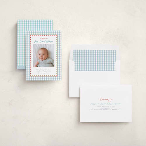 This is a picnic birth announcements with standard by Christy Hy Lee called playful pattern printing on recycled smooth signature in standard