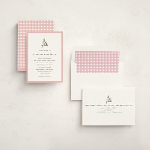 This is a blush birth announcements with standard by Megan Davis called classic bunny printing on signature in standard