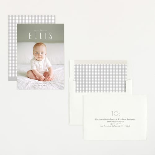 This is a whipped cream birth announcements with standard by Jennifer Wick called in name only printing on recycled smooth signature in standard
