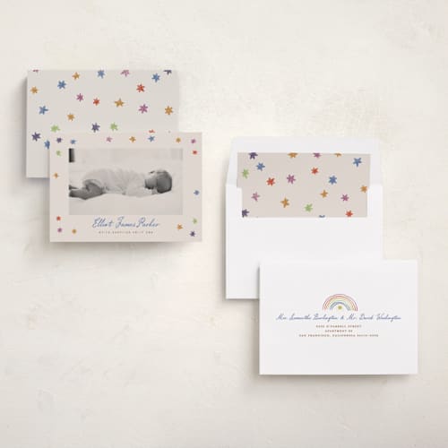 This is a rainbow birth announcements with standard by Maja Cunningham called starlight printing on recycled smooth signature in standard