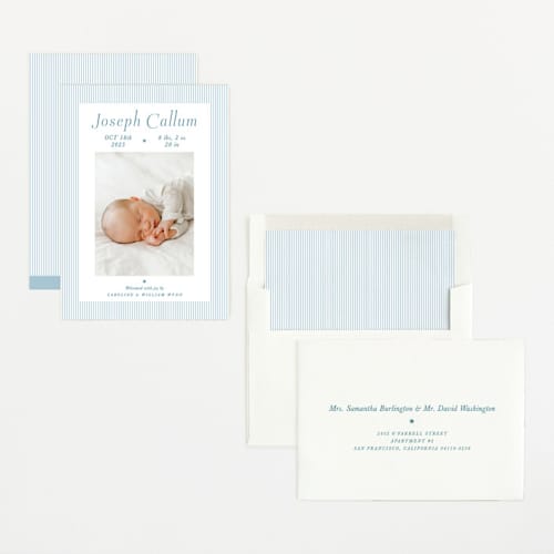 This is a baby blue birth announcements with standard by Alston Foster called sweet stripes printing on recycled smooth signature in standard