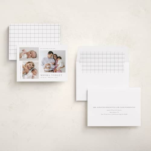 This is a stone birth announcements with standard by Carolyn MacLaren called welcome with joy printing on recycled smooth signature in standard