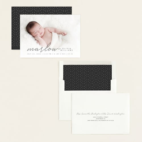 This is a graphite birth announcements with standard by Megan Cash called marlow printing on recycled smooth signature in standard