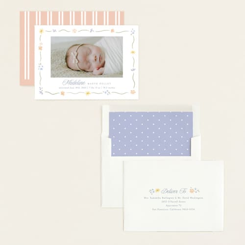 This is a bouquet birth announcements with standard by Robert and Stella called petite garden printing on recycled smooth signature in standard