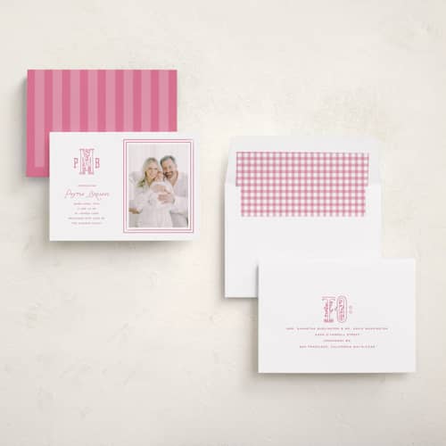 This is a candy birth announcements with standard by Kamala Nahas called filigree monogram printing on recycled smooth signature in standard