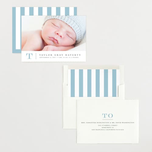 This is a powder birth announcements with standard by Stacey Meacham called stately monogram printing on recycled smooth signature in standard