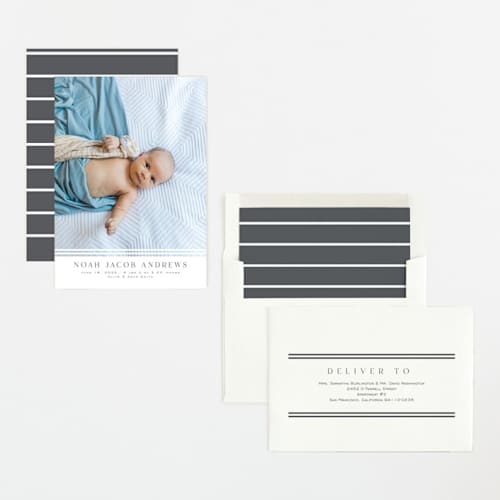 This is a cloud birth announcements with standard by Nicole Walsh called minimalist stripes printing on recycled smooth signature in standard