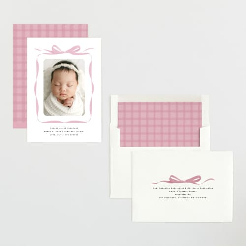This is a poppy birth announcements with standard by Olivia Kanaley Inman called bow printing on recycled smooth signature in standard