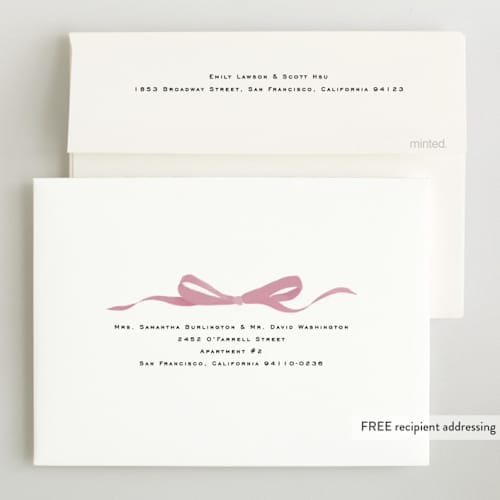 This is a poppy birth announcements with standard by Olivia Kanaley Inman called bow printing on recycled smooth signature in standard