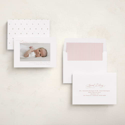 This is a rose birth announcements with standard by Jenna Holcomb called sweetest printing on recycled smooth signature in standard