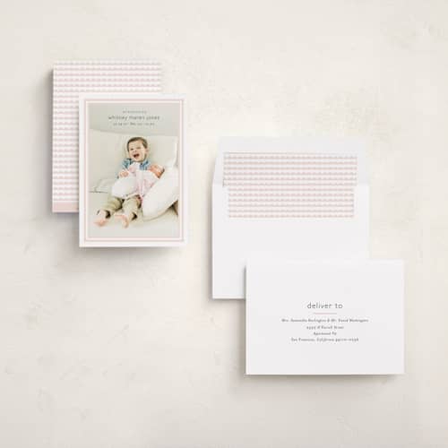 This is a baby blush birth announcements with standard by Carolyn MacLaren called scalloped border printing on recycled smooth signature in standard