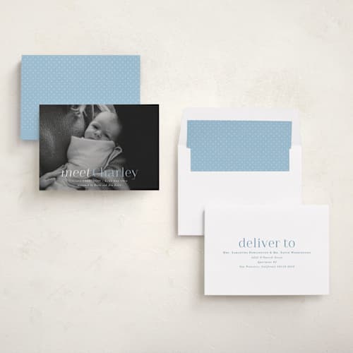 This is a sky blue birth announcements with standard by Hooray Creative called meet charley printing on recycled smooth signature in standard