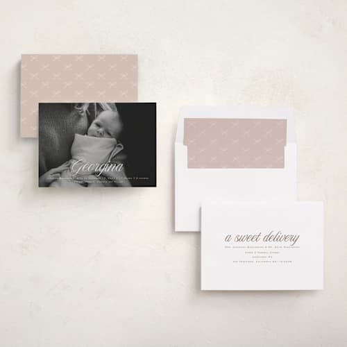 This is a marshmallow birth announcements with standard by chocomocacino called cupcake printing on recycled smooth signature in standard