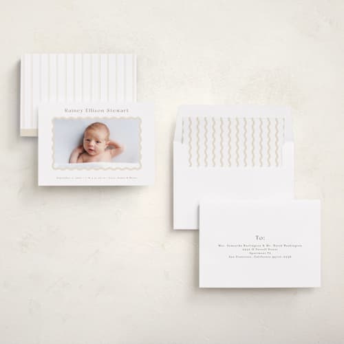 This is a oatmeal birth announcements with standard by Jennifer Wick called applique printing on recycled smooth signature in standard