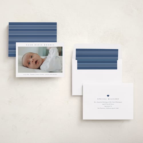 This is a cobalt birth announcements with standard by Stacey Meacham called simple name printing on recycled smooth signature in standard