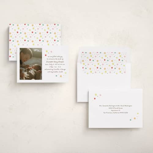 This is a strawberry birth announcements with standard by Megan Davis called constellation printing on recycled smooth signature in standard