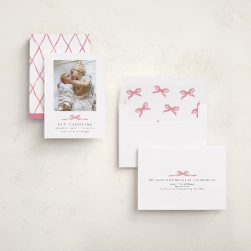 This is a cotton candy birth announcements with standard by Paula Pecevich called sweet bow printing on recycled smooth signature in standard