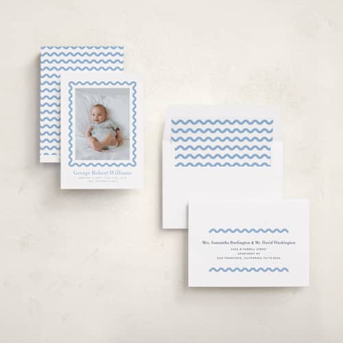 This is a bluebell birth announcements with standard by Megan Davis called ric rac printing on recycled smooth signature in standard