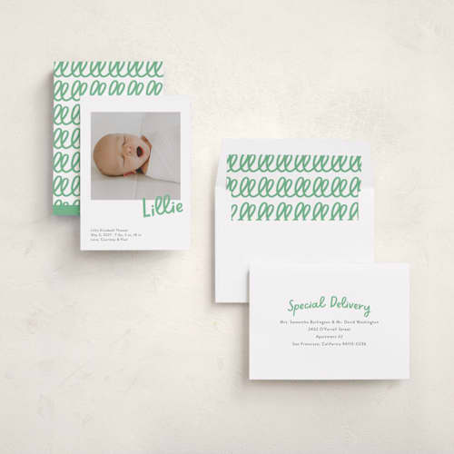 This is a clover birth announcements with standard by Megan Davis called jolly good printing on recycled smooth signature in standard