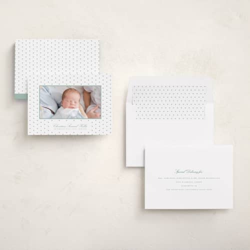This is a eucalyptus birth announcements with standard by Blustery August called elio printing on recycled smooth signature in standard