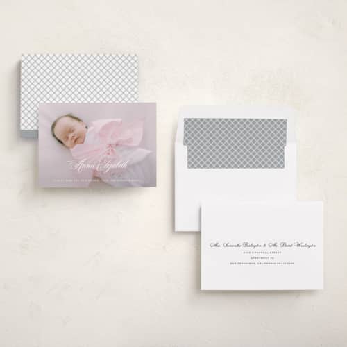 This is a powder birth announcements with standard by Carolyn MacLaren called formal classic printing on recycled smooth signature in standard