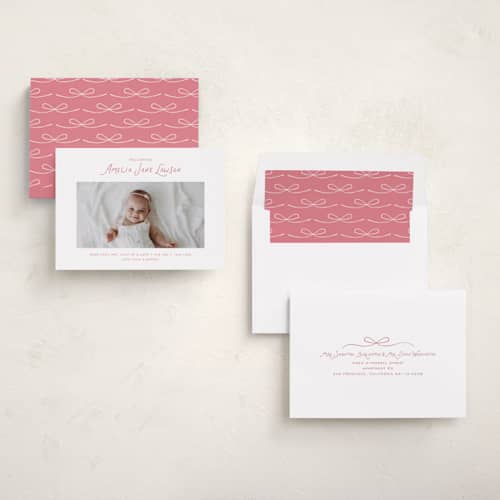 This is a petal birth announcements with standard by Kelly Watkins called nostalgic printing on recycled smooth signature in standard