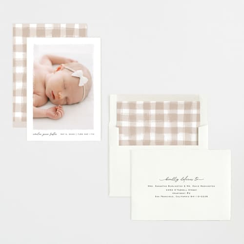 This is a snow birth announcements with standard by Pixel and Hank called edgy printing on recycled smooth signature in standard