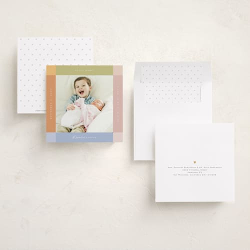 This is a natural rainbow birth announcements with standard by Sierra Lee called soft strips printing on recycled smooth signature in standard