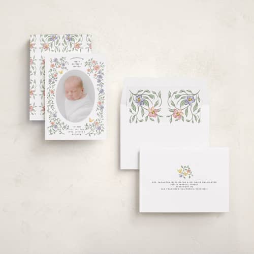 This is a garden birth announcements with standard by Grae called tiny flowers printing on recycled smooth signature in standard