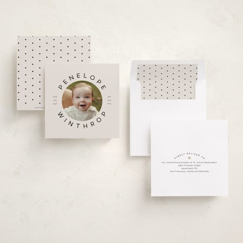 This is a sand birth announcements with standard by Lori Wemple called square birth printing on recycled smooth signature in standard