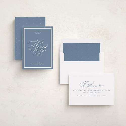 This is a sky birth announcements with standard by Blustery August called welcome baby printing on signature in standard