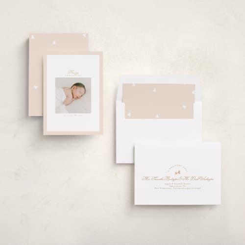 This is a peachy birth announcements with standard by Phrosné Barwood called soft frame printing on recycled smooth signature in standard