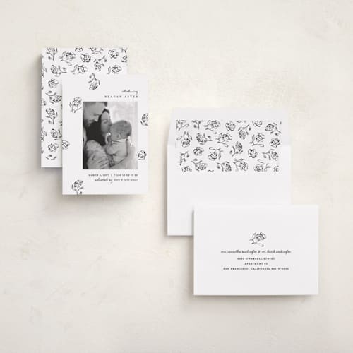This is a lily of the valley birth announcements with standard by Pixel and Hank called the flora printing on recycled smooth signature in standard
