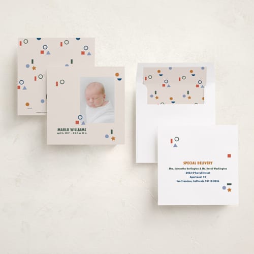 This is a forest birth announcements with standard by Tamara Hilje called geometric printing on recycled smooth signature in standard