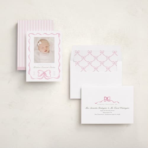 This is a peony birth announcements with standard by Creo Study called squiggle bow printing on recycled smooth signature in standard