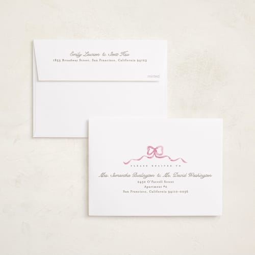 This is a peony birth announcements with standard by Creo Study called squiggle bow printing on recycled smooth signature in standard