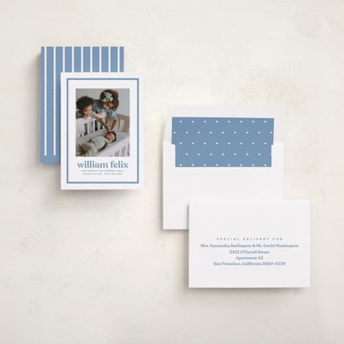 This is a water birth announcements with standard by Lea Delaveris called first impression printing on recycled smooth signature in standard