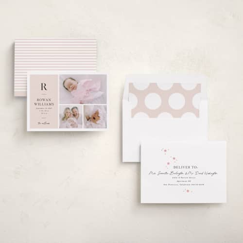 This is a blush birth announcements with standard by Robert and Stella called monogram block printing on recycled smooth signature in standard