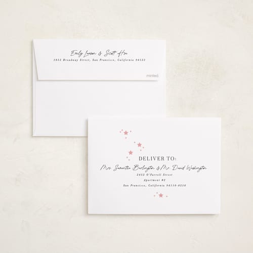 This is a blush birth announcements with standard by Robert and Stella called monogram block printing on recycled smooth signature in standard