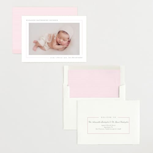 This is a blush birth announcements with standard by Lauren Chism called simply serene printing on recycled smooth signature in standard