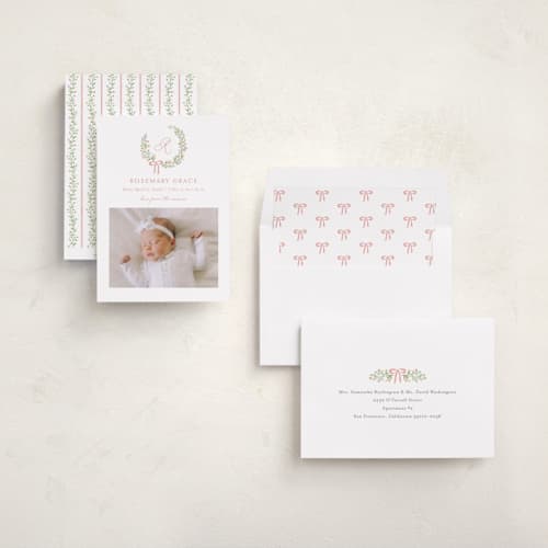 This is a watermelon birth announcements with standard by Katherine Moynagh called sweet monogrammed wreath printing on recycled smooth signature in standard