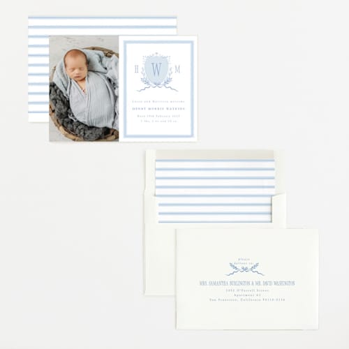 This is a sky birth announcements with standard by Corinne Malesic called crest printing on recycled smooth signature in standard